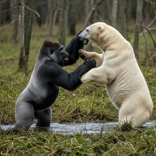Gorilla vs Polar Bear Showdown in Swamp: Wildlife Conflict