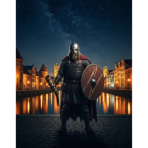 Menacing Scandinavian Viking Warrior in Old City - Lodz, Poland