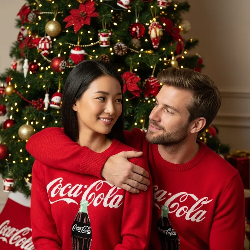 Realistic Image of Asian Woman Embracing French Man | Coca-Cola Sweaters