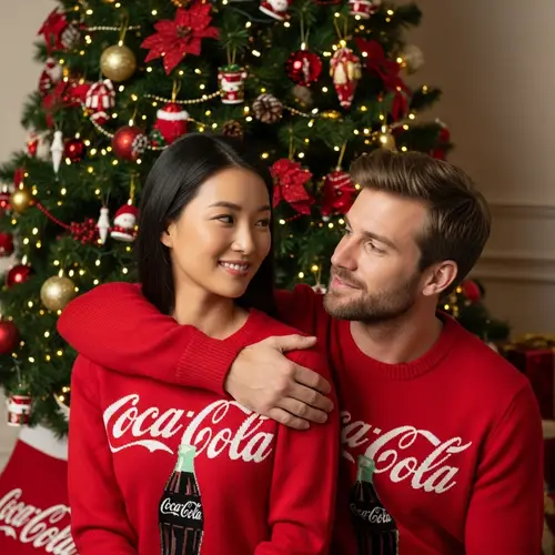 East Asian Woman Hugging Caucasian Man | Coca-Cola Sweaters