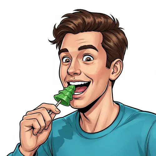 Playful Caucasian Male Enjoying Pine Tree Lollipop in Comic Style