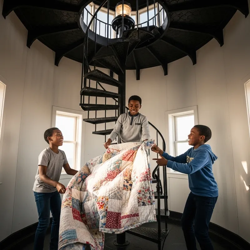 Three Boys having fun with a blanket in a lighthouse Three Boys having fun with a blanket in a lighthouse