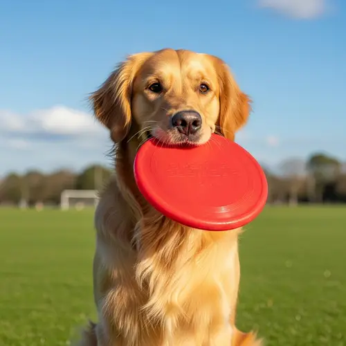 Lively Golden Retriever with Bright Eyes | Playful Dog on Green Field