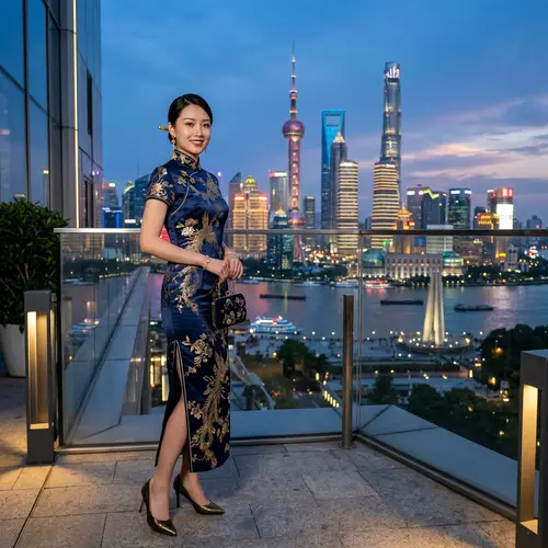 Chic Model in Qipao Against Shanghai Skyline
