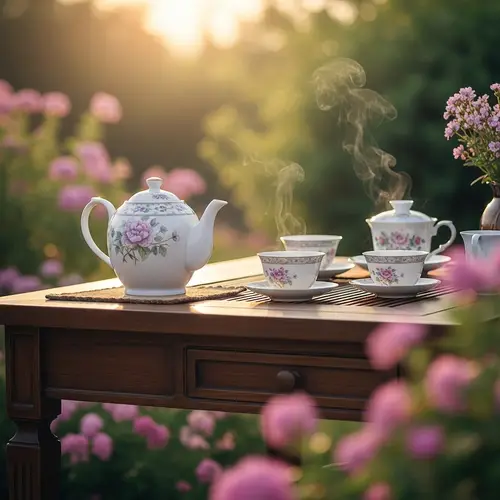 Tranquil Tea Ceremony with Porcelain Teapot and Floral Tea-cups