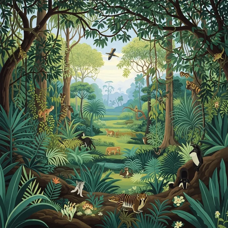 Lush Jungle Landscape Inspired by Rousseau Art