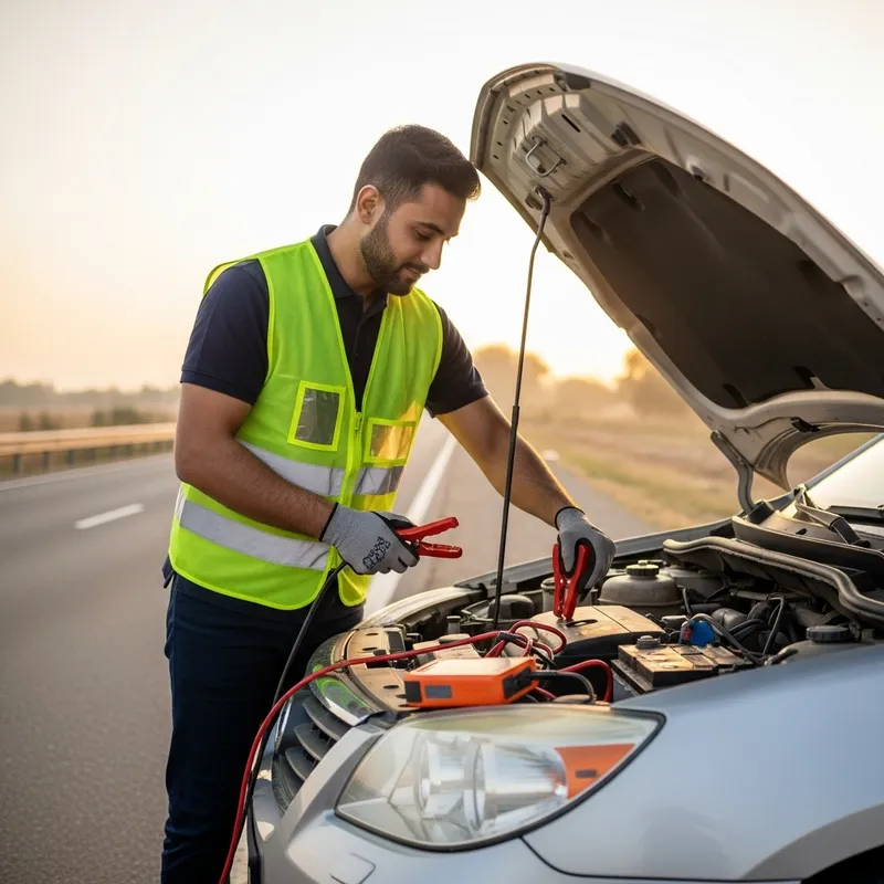 Emergency Jumpstart Service for Car Battery by Roadside Assistance Professional