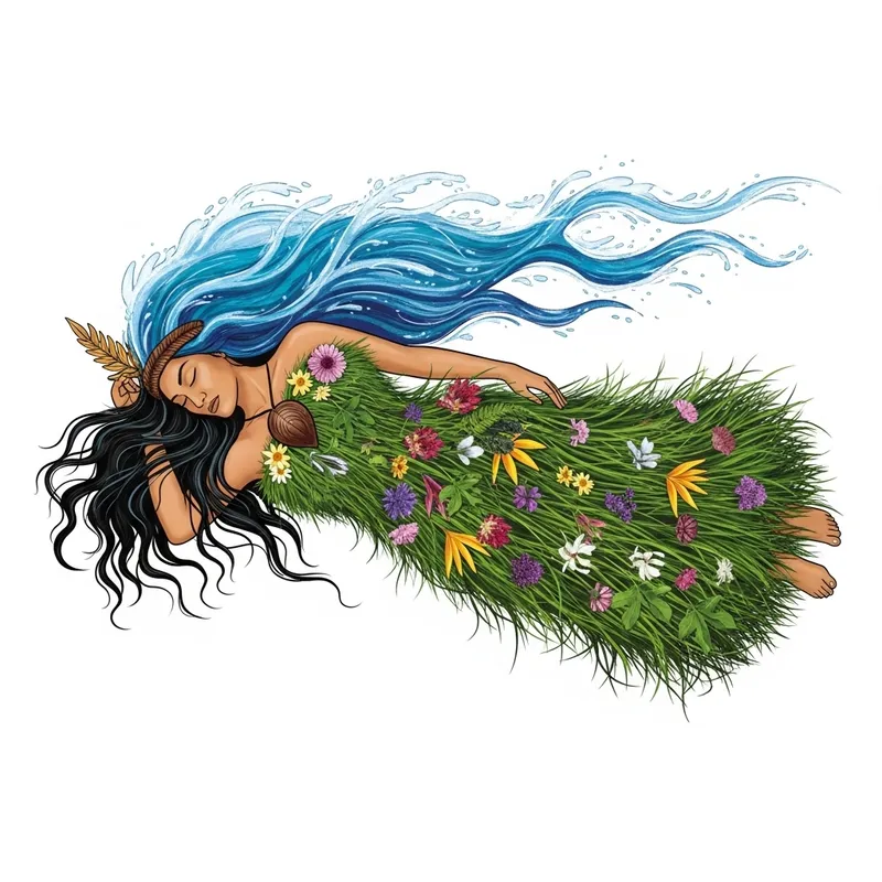 Papatuanuku: Nature's Goddess with Flowing Hair of New Zealand Flora