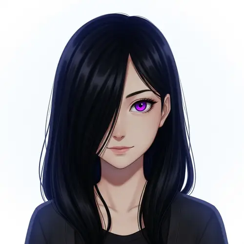 Shy Black-Haired Girl with Pure Purple Eyes