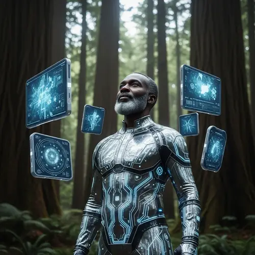 Future Man Embracing Nature's Beauty | Sci-Fi Technology Blend