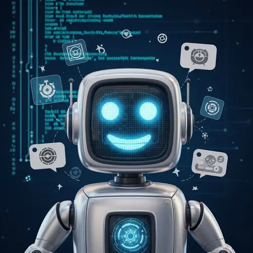 Friendly AI Robot Interface with Glowing Eyes and Metallic Surface