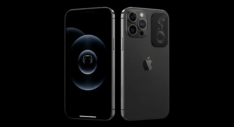 Futuristic iPhone 15 Front and Back View on Black Background
