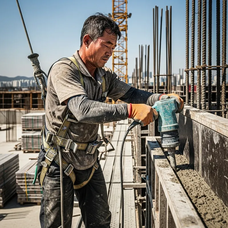 Korean Construction Worker Casting Wall Concrete on a Sunny Day