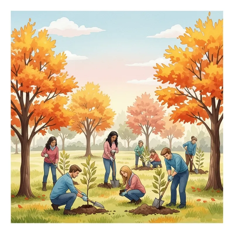Community Tree Planting in Autumn Watercolor