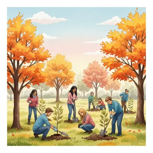 Community Tree Planting in Autumn Watercolor