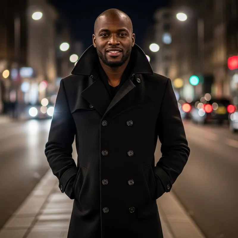 Stylish Black Coat Man Amidst Urban Night Lights