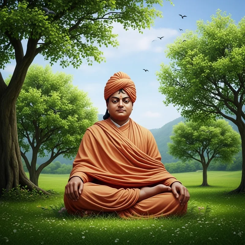 Swami Vivekananda Meditating in Tranquil Natural Landscape Swami Vivekananda Meditating in Tranquil Natural Landscape