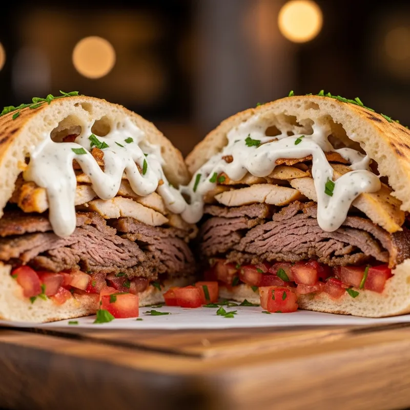 Tasty Shawarma Meat Sandwich with Savory Sauce and Fresh Tomatoes