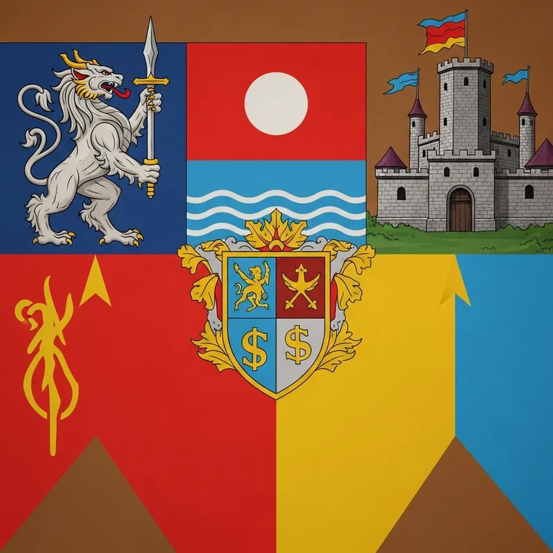 Fantasy Style Flag for Imaginary Kingdom | Vibrant Colors & Symbols Depicting Unity, Bravery, Tranquility, and Wealth Fantasy Style Flag for Imaginary Kingdom | Vibrant Colors & Symbols Depicting Unity, Bravery, Tranquility, and Wealth
