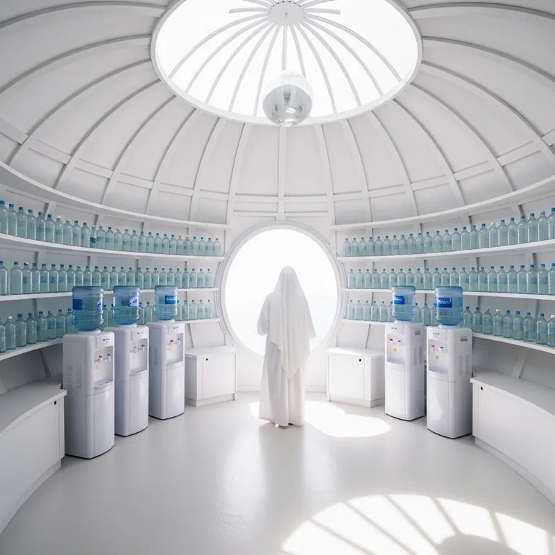 Elegant Round Room with Water Coolers and Bottles