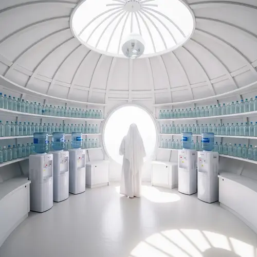 Elegant Round Room with Water Coolers and Bottles