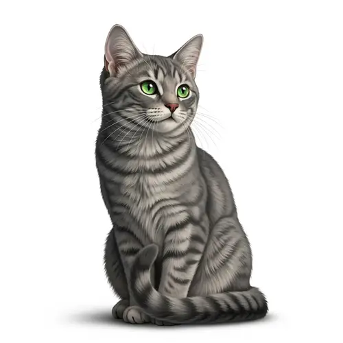 Elegant Perched Cat with Bright Green Eyes | Grey Fur | Long Whiskers