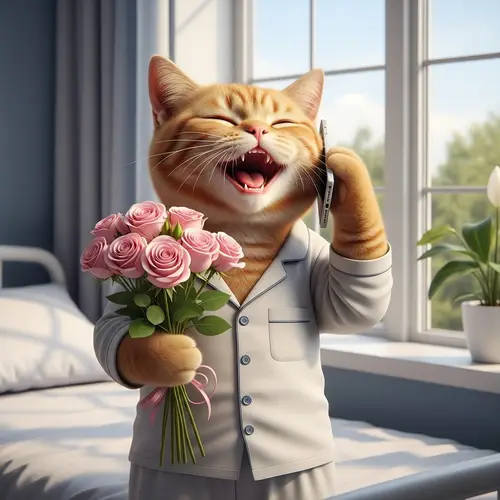 Charming Ginger British Shorthair Cat with Bouquet of Roses Talking on Cell Phone