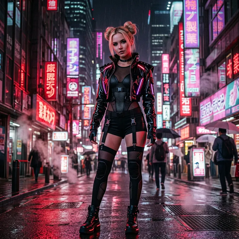 Cyberpunk Model Portrait in Neon Cityscape
