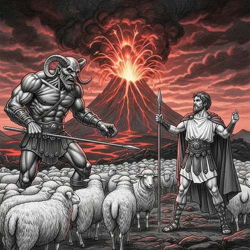 Odysseus Escaping from Cyclops in Volcanic Eruption Art