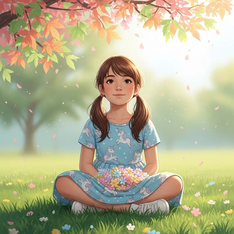 Ethereal Pastel Scene: Asian Girl on Lush Grass | Calm Beauty