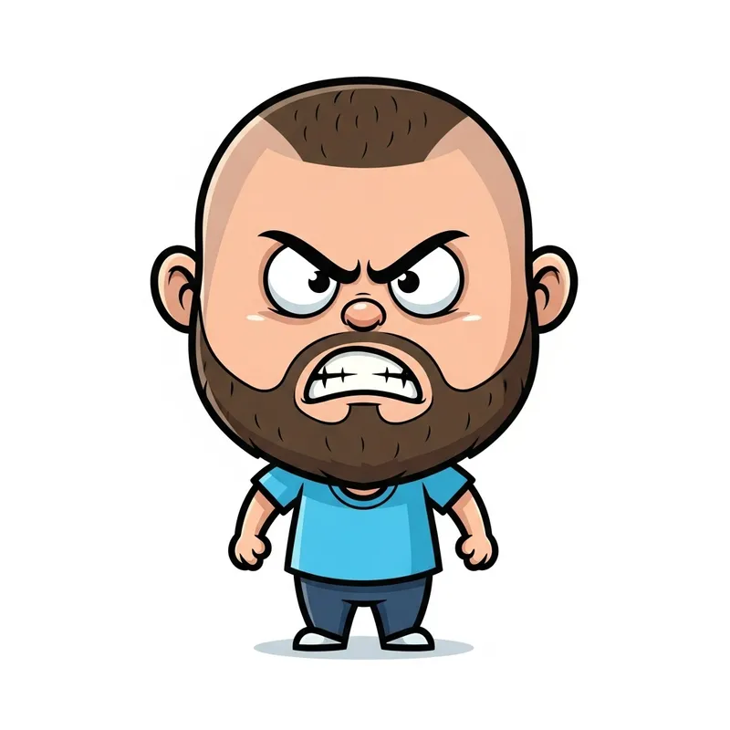 Angry Boy with Buzz Haircut and Round Face - Unique Illustration