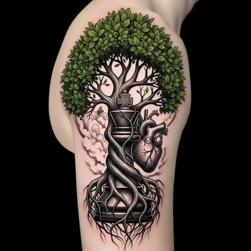 Detailed Tattoo Design: Tree, Chess King, Human Heart - Symbolism of Rebirth