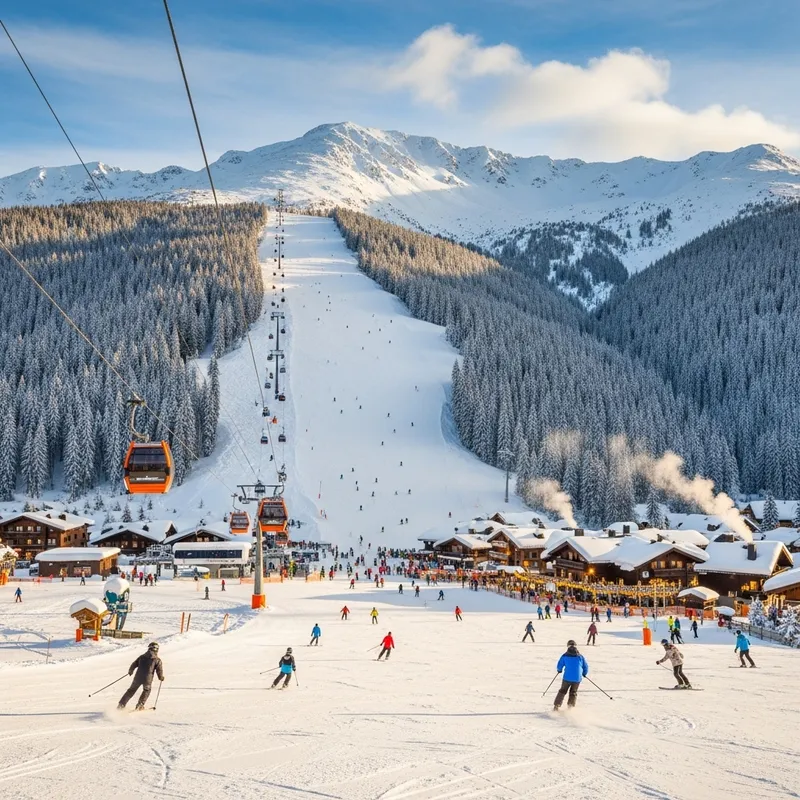 Skiing on Mountain Slopes with Fresh Snow & Scenic Views