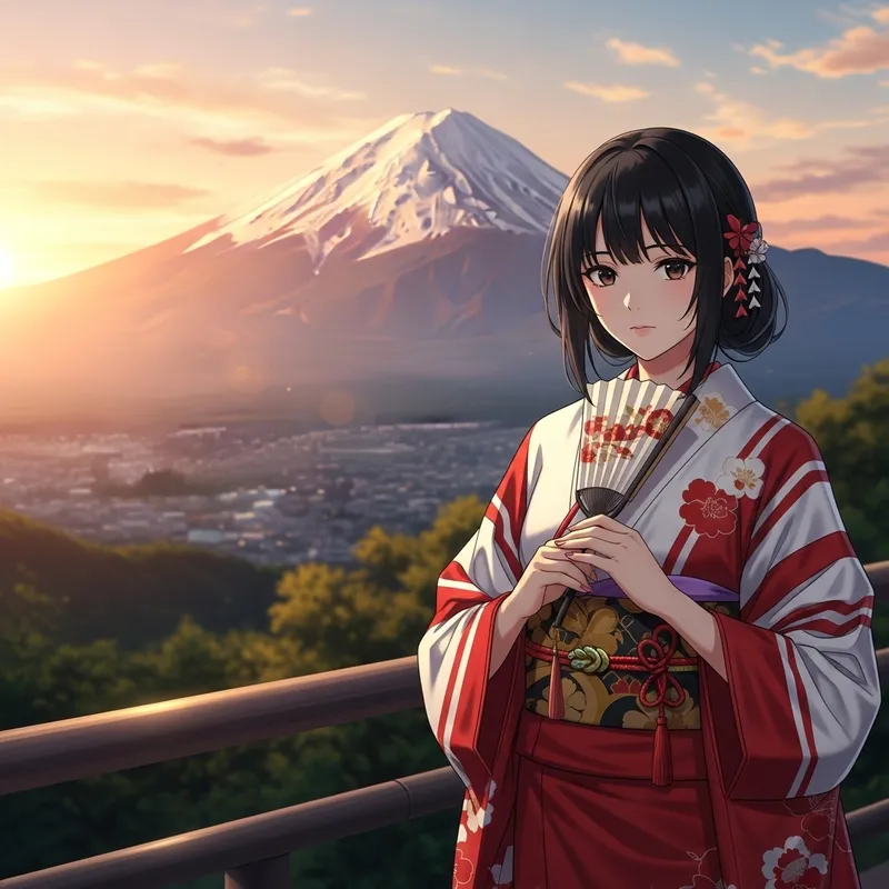 Stunning Beauty in Traditional Kimono Against Mount Fuji