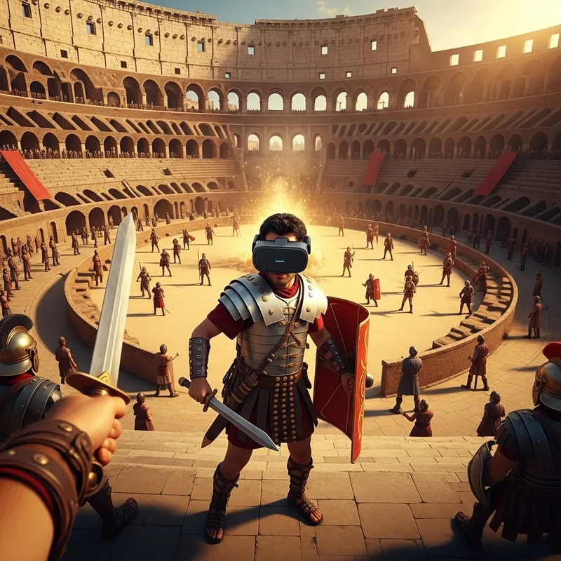 Aerial View of Roman Warrior's Epic Battle in Colosseum of Rome