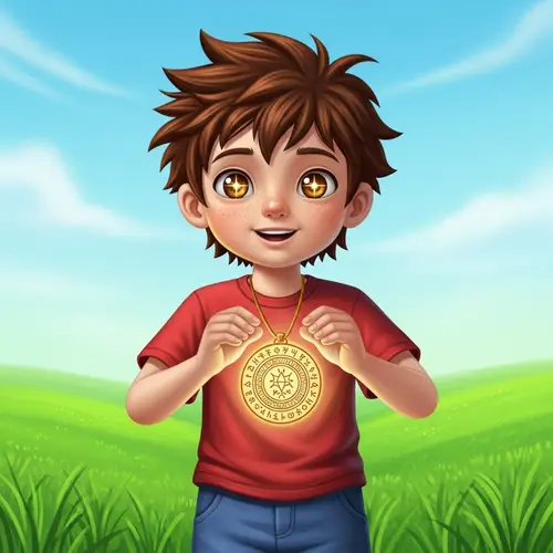 Young Child with Spiky Brown Hair and Magical Pendant in Lush Green Meadow