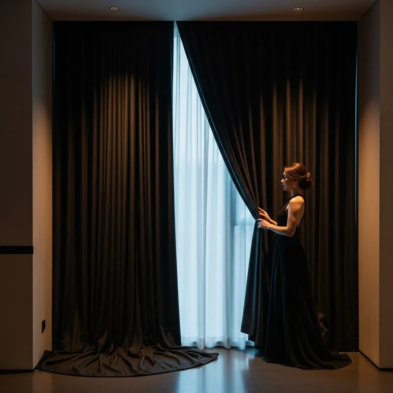 Elegant Woman in Modern Interior with Black Curtains