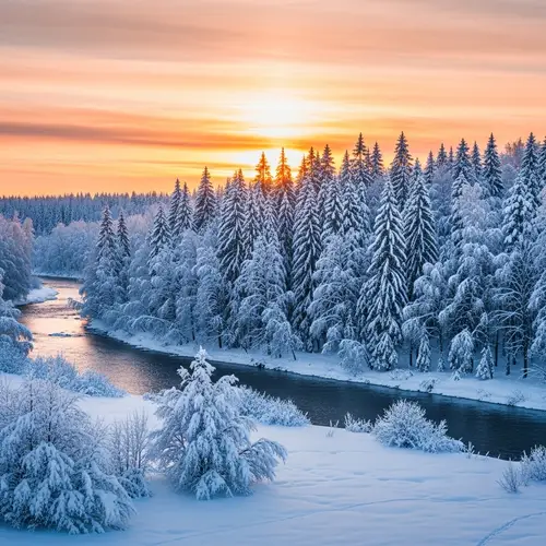 Tranquil Winter Scene - Snow-Covered Landscape at Sunset