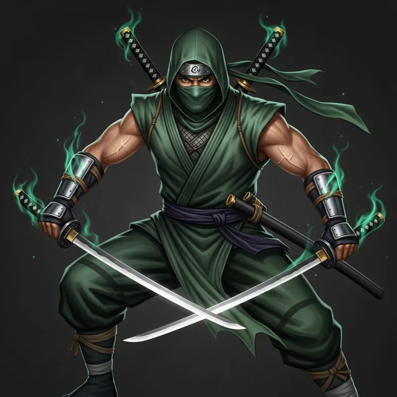 Emerald-Green Ninja in Ready Stance with Razor-Sharp Katanas