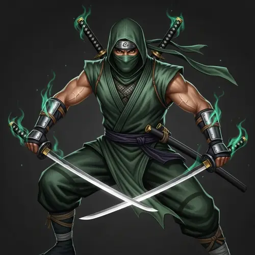 Emerald-Green Ninja with Razor-Sharp Katanas