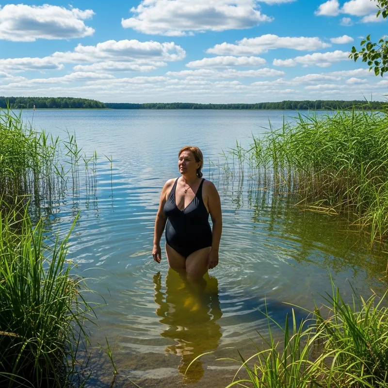 Realistic Painting of a 45-Year-Old Slavic Woman Bathing in a Colorful Lake
