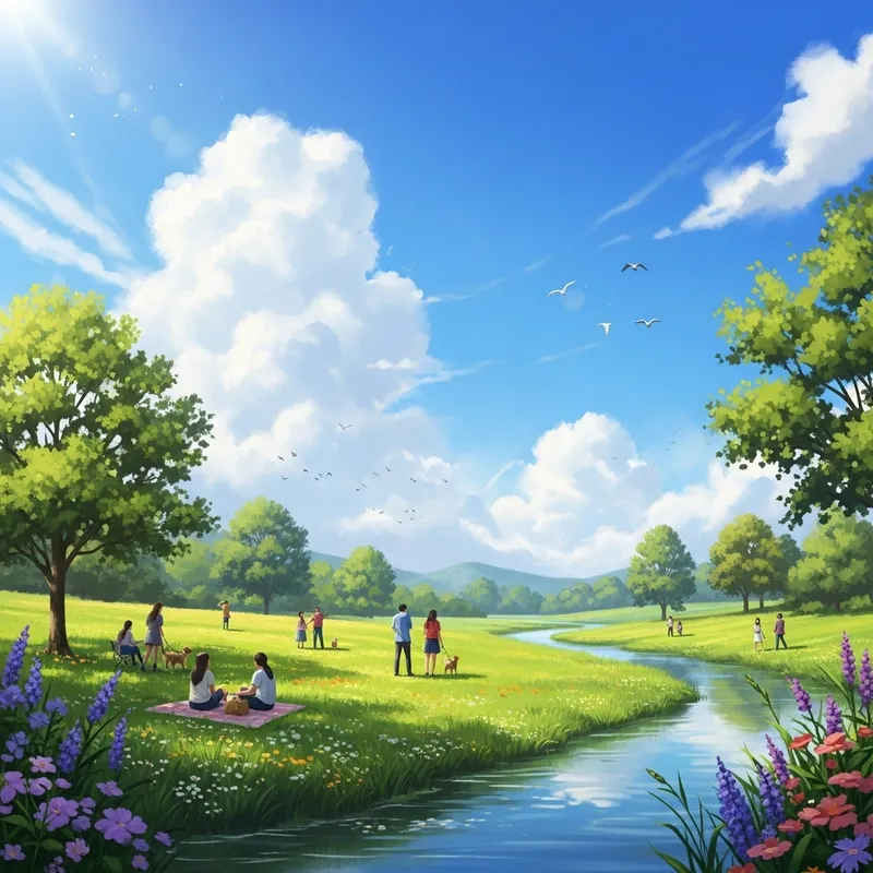 Beautiful Day in Vibrant Meadow: Birds, Trees, and Nature