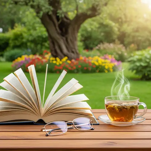 Mindfulness Scene: Open Book, Tranquil Garden & Herbal Tea