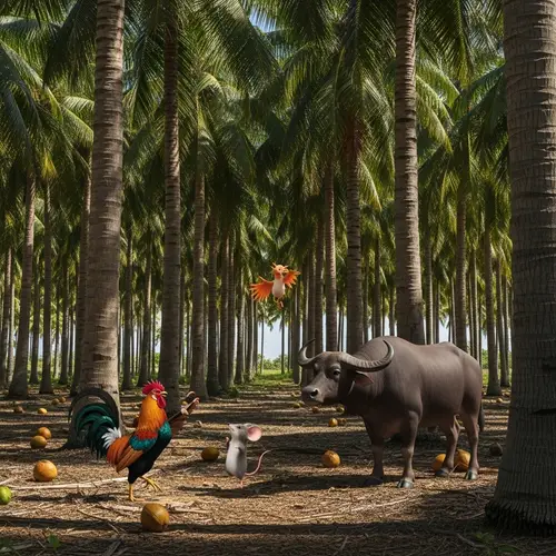 Majestic Rooster, Tiny Mouse, Buffalo Play in Coconut Forest