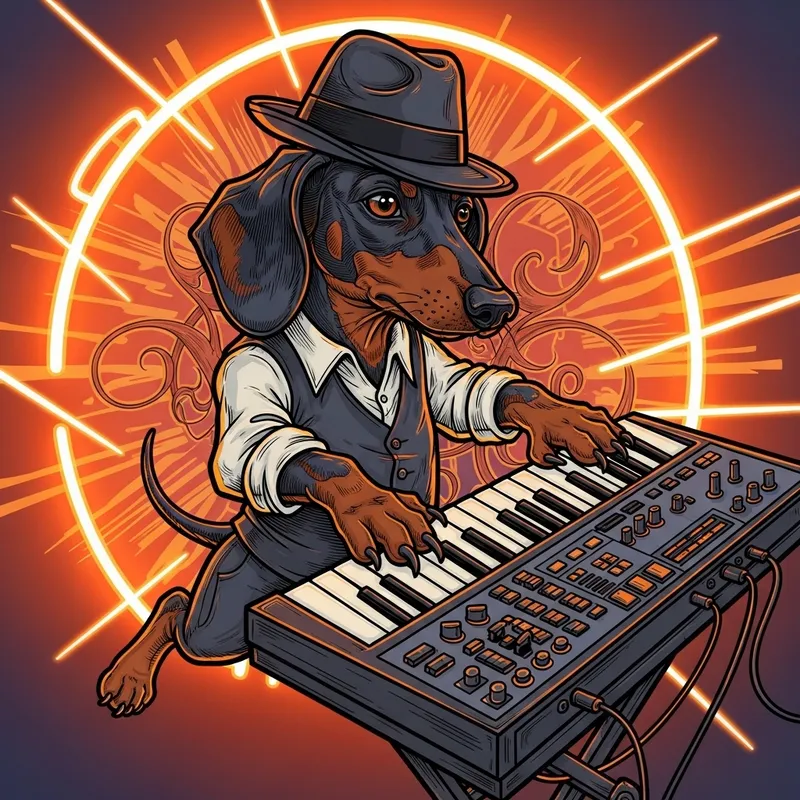 Vibrant Cartoon Dachshund Musician Rocking Out on Keyboard