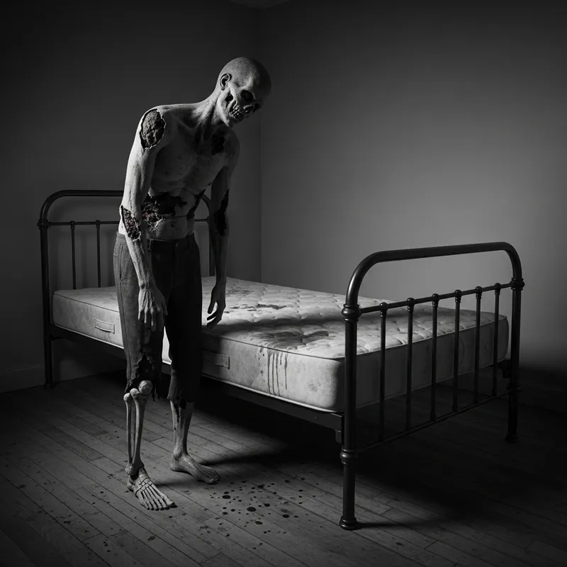 Decayed Zombie with Exposed Bone in Grayscale Room