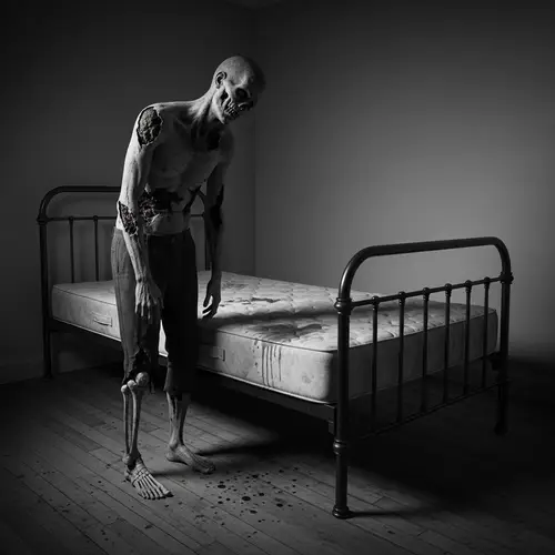 Decayed Zombie with Fractured Foot in Grayscale Room