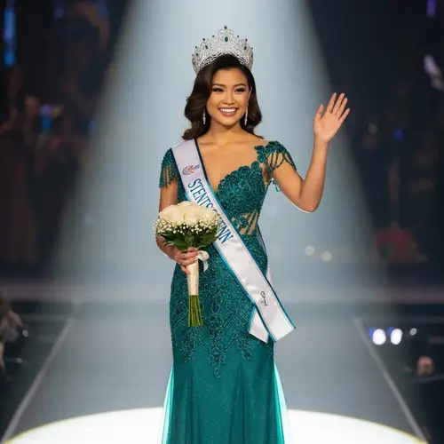 Elegant Asian Woman in Teal Gown with Beaded Detailing