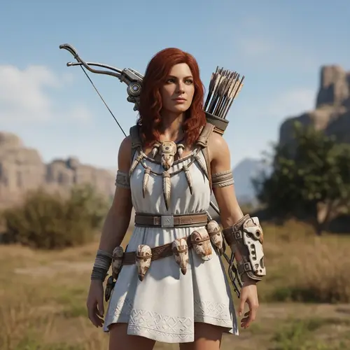 Auburn-Haired Female Character in White Dress with Futuristic Bow