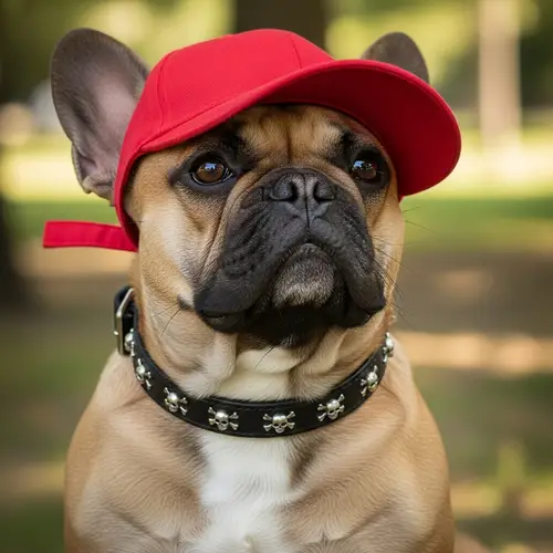 French Bulldog with Red Cap & Skull Collar